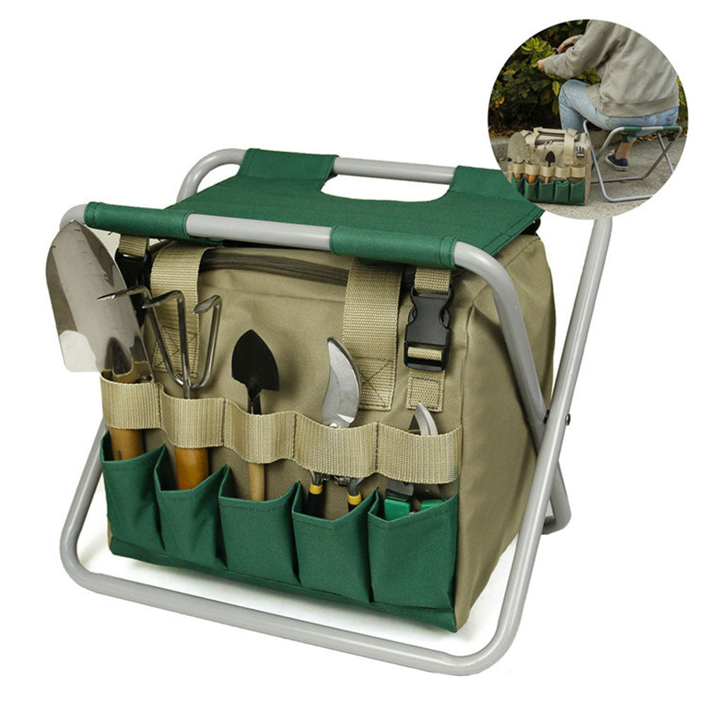 Folding Stool With Garden Tools Set